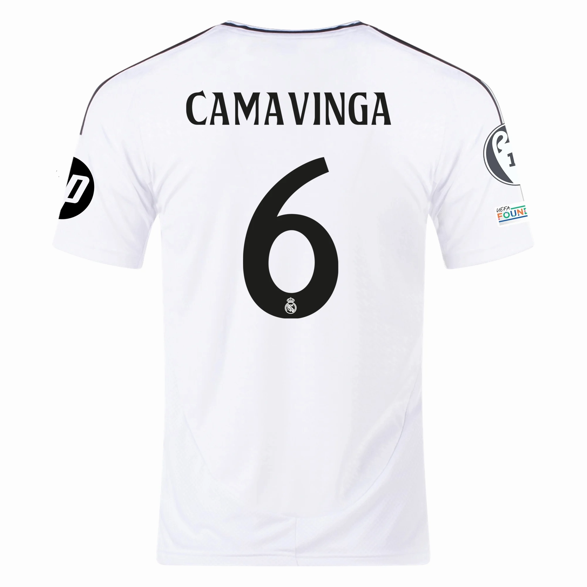 adidas Real Madrid Eduardo Camavinga Home Jersey 24/25 w/ Champions League Patches (White/Black) Weightless Layer