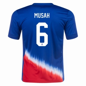 Multi Directional Stretch Panels Tubular Body Mapping Nike Mens United States Yunus Musah Away Jersey 24/25 (Old Royal/Sport Red)