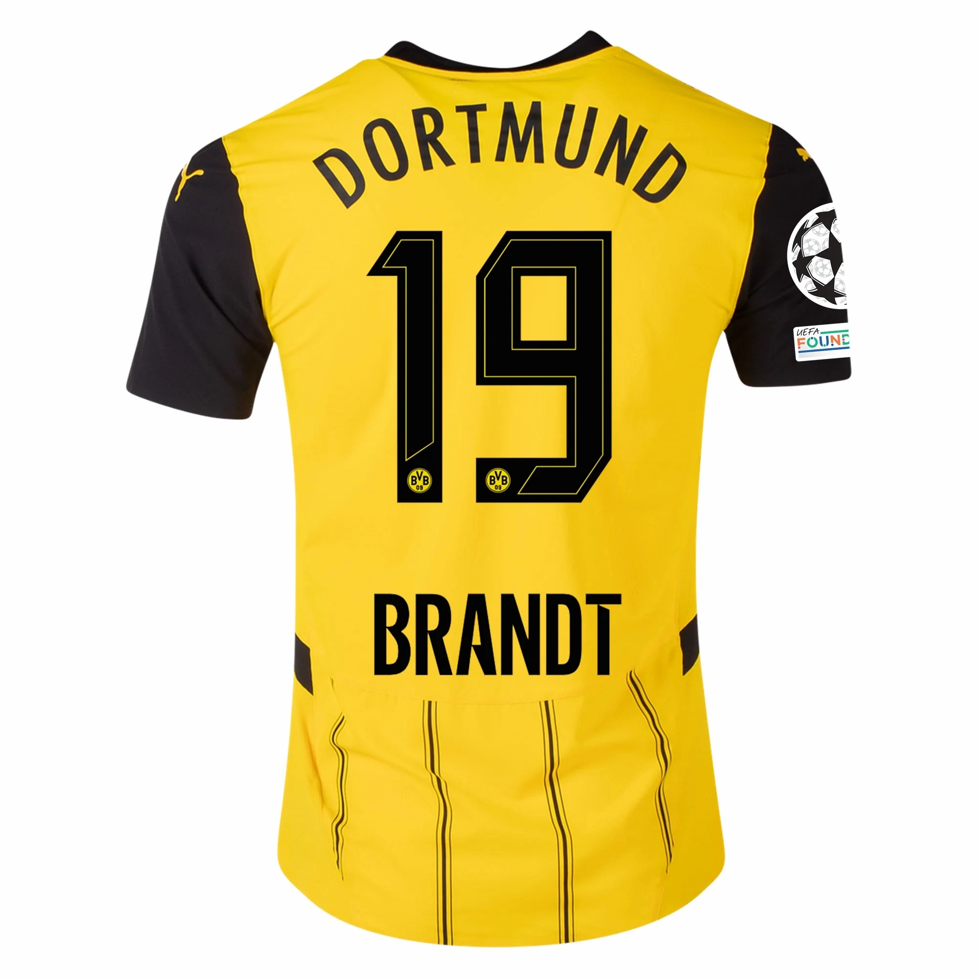 Wicking Interceptor Fabric Eco Friendly Fibers Puma Borussia Dortmund Authentic Julian Brandt Home Jersey w/ Champions League Patches 24/25 (Faster Yellow/Puma Black)