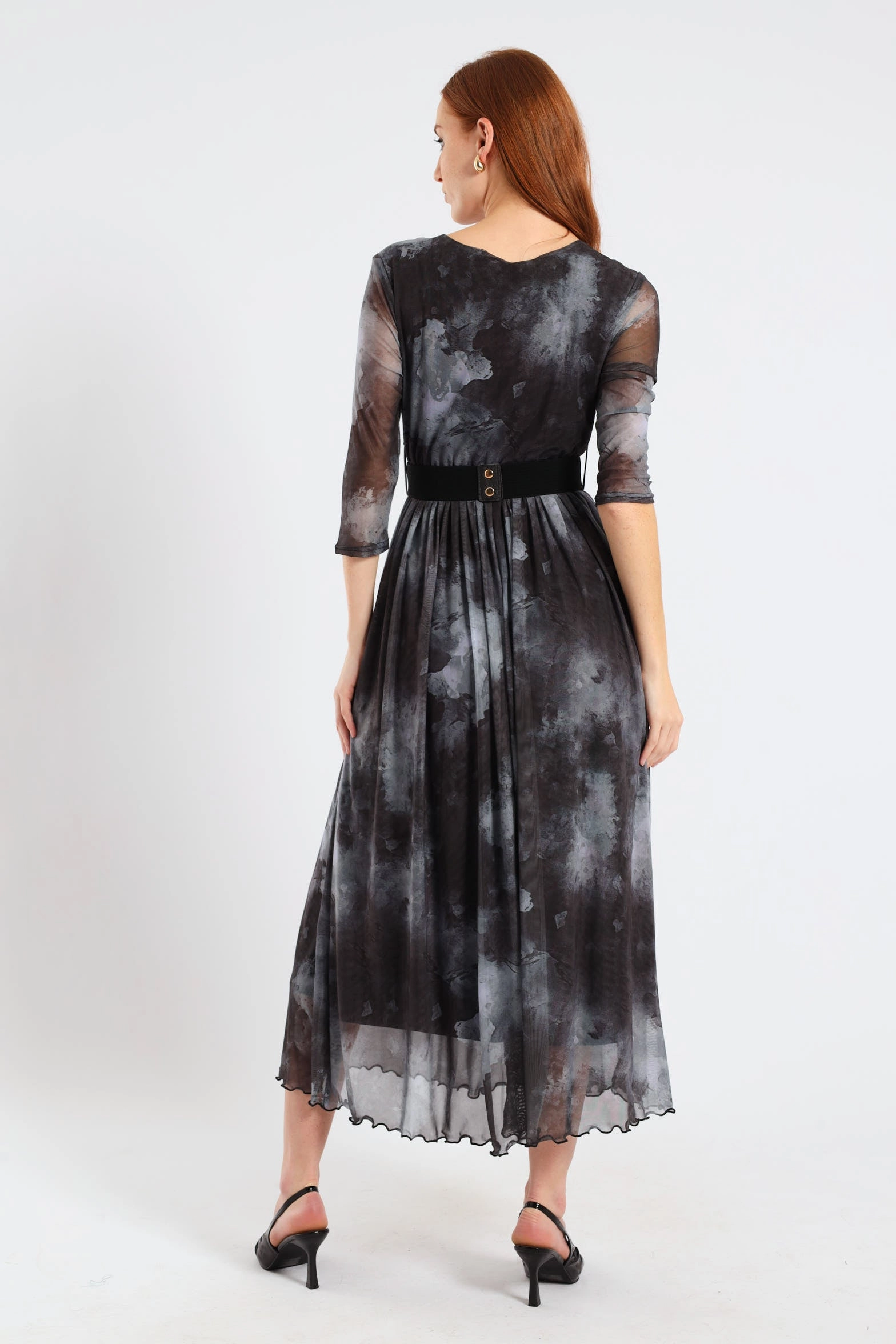 Pleated Mesh Maxi Dress - Marble Grey Effortless Layering Lace Accent