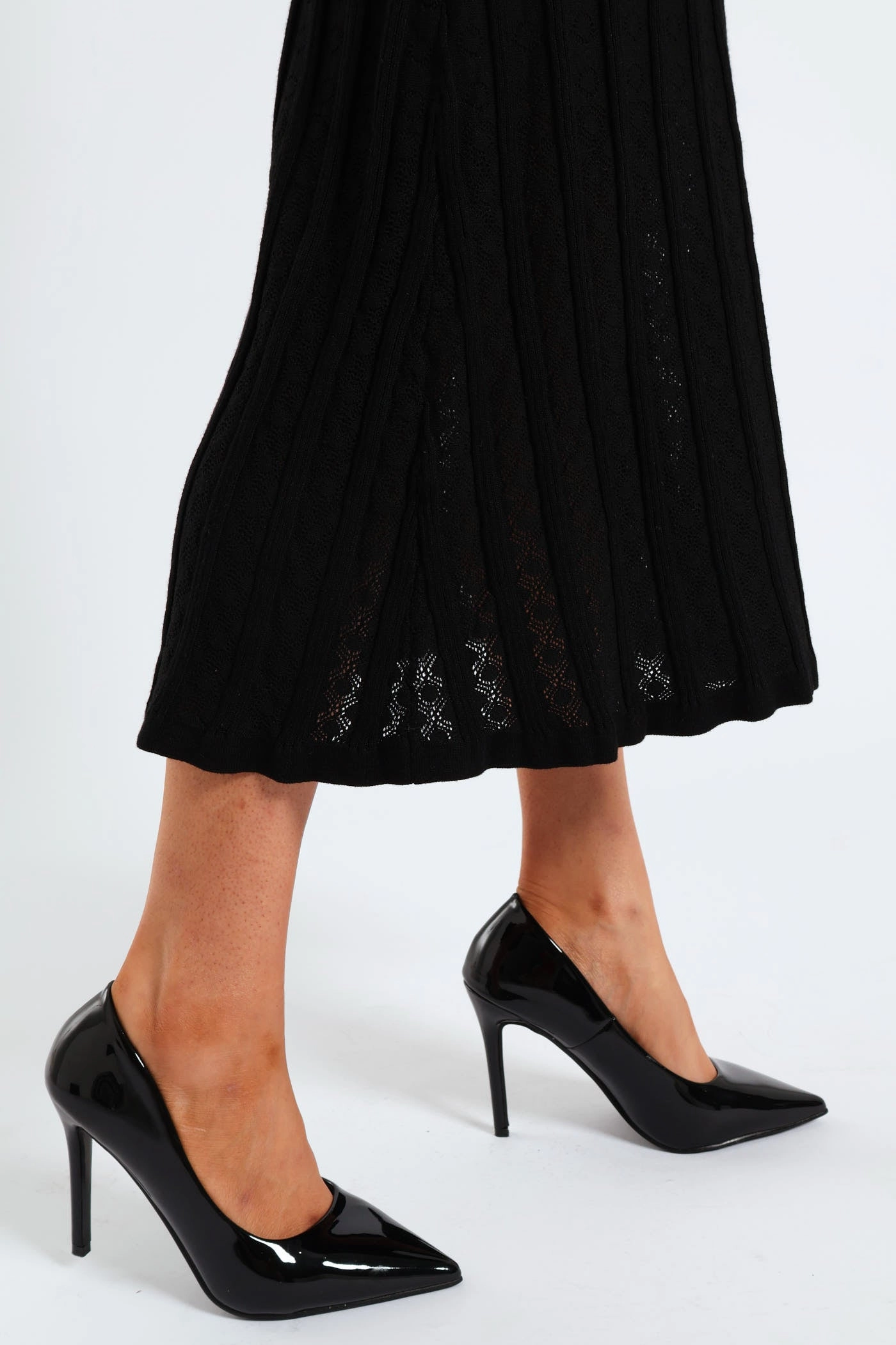Sweetheart-Neck Fit Vibe Pointelle Flared Knitwear Maxi Dress - Black