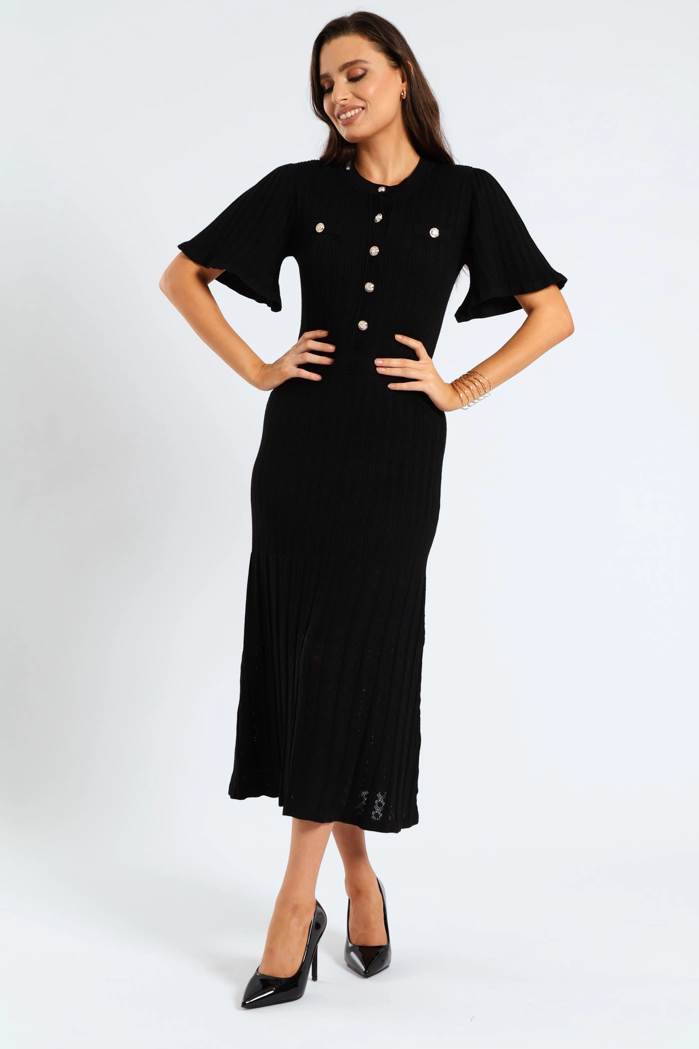Pointelle Flared Knitwear Maxi Dress - Black SeamlessConstruction Simple Touch