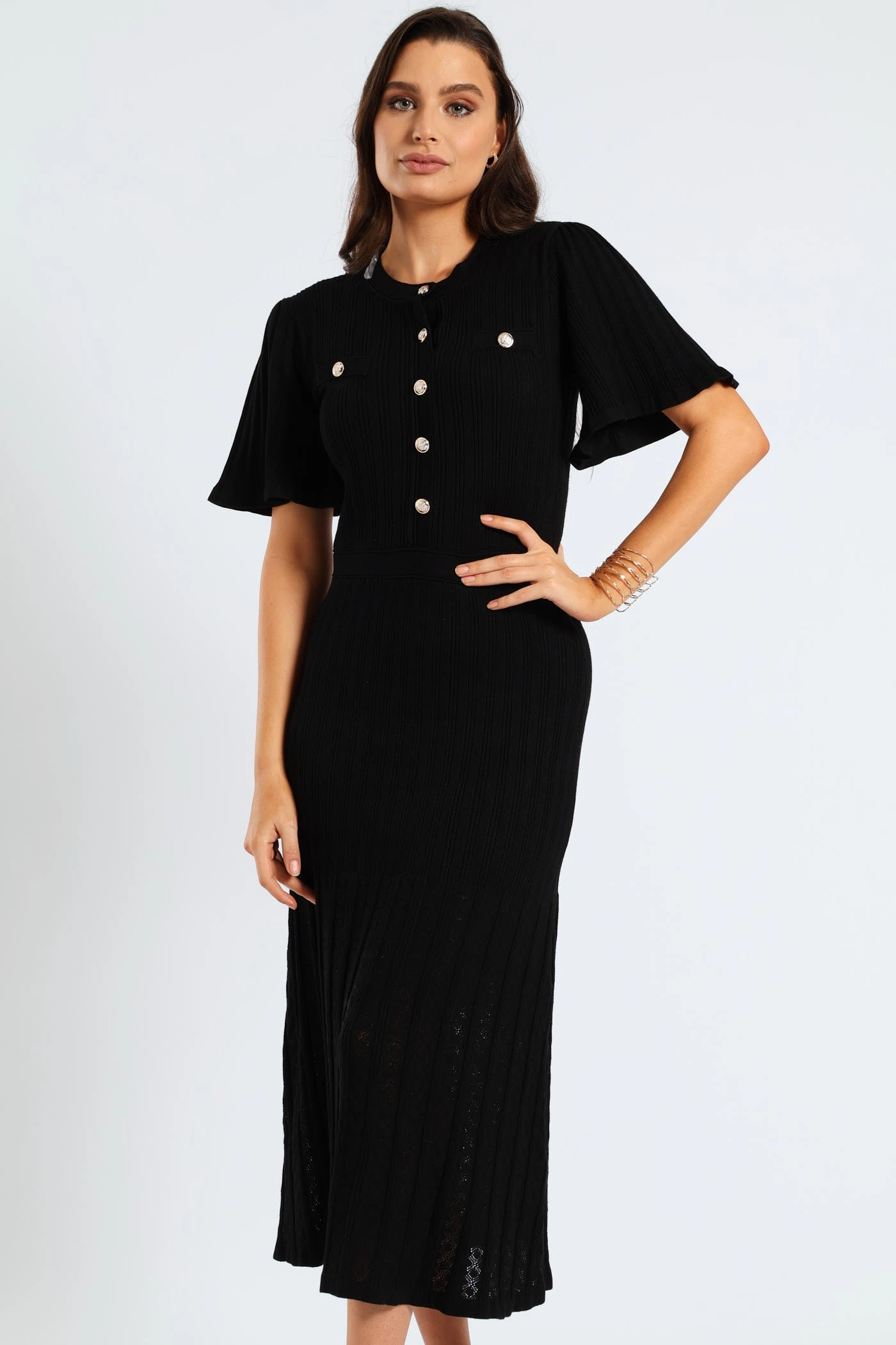 Pointelle Flared Knitwear Maxi Dress - Black Timeless Style