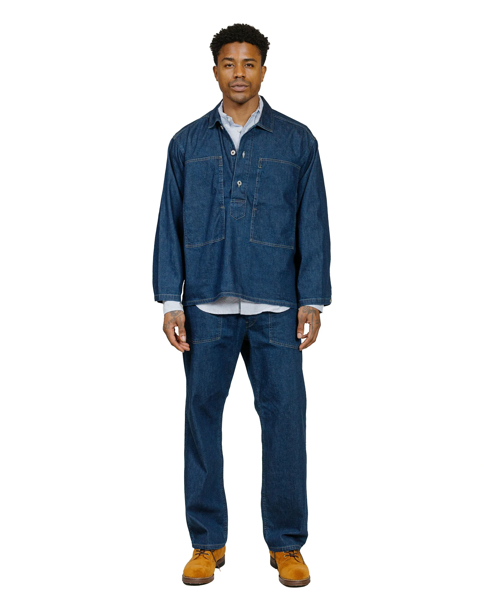 Preppy Vibe Post O'Alls ARMY Shirt Blue Denim w/OD Yellow Stitch Indigo
