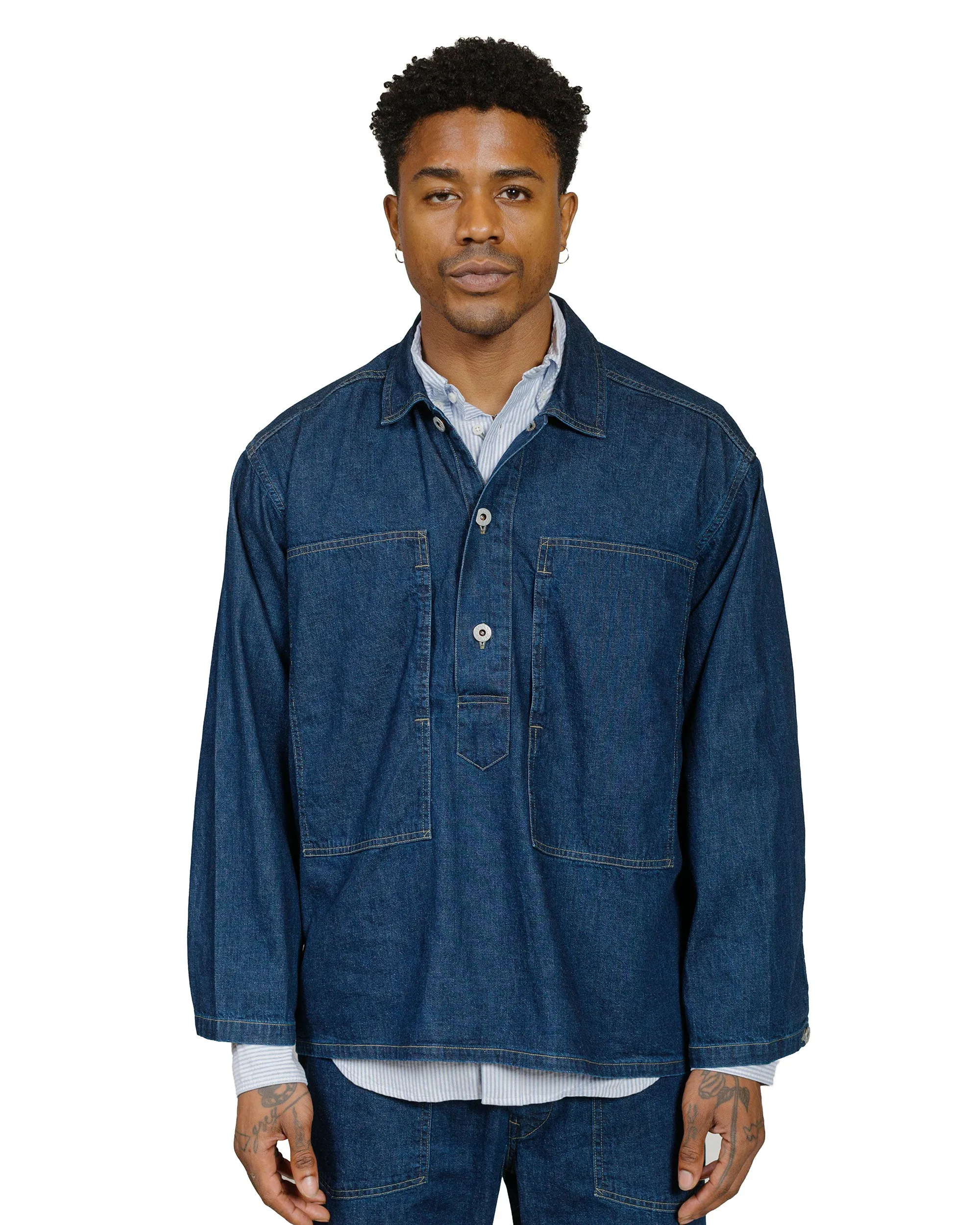 Post O'Alls ARMY Shirt Blue Denim w/OD Yellow Stitch Indigo Pocket Detailing Button-up