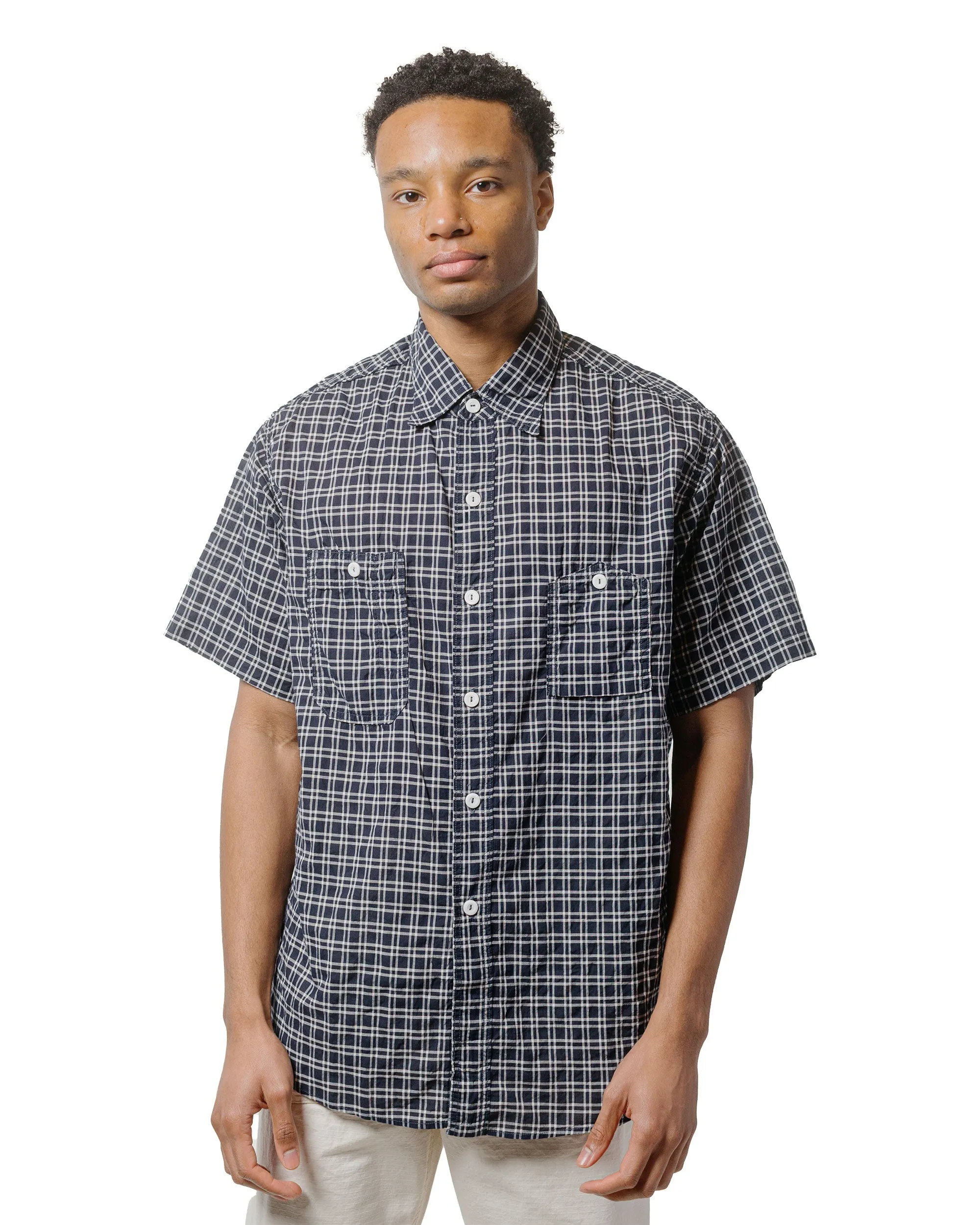 Post O'Alls No.6 Shirt S/S Seersucker Navy Plaid Odor Control Technology Hooded Neckline