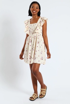 Boho Tone Postcard Frill Smock Mini Dress - Cream
