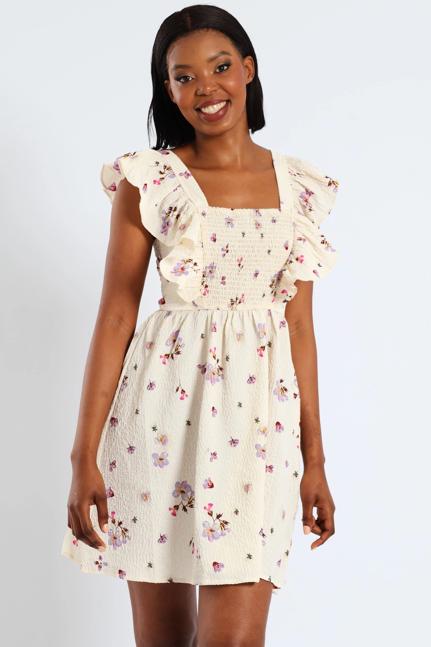 Breathable Comfort Wear Casual and Smart Postcard Frill Smock Mini Dress - Cream