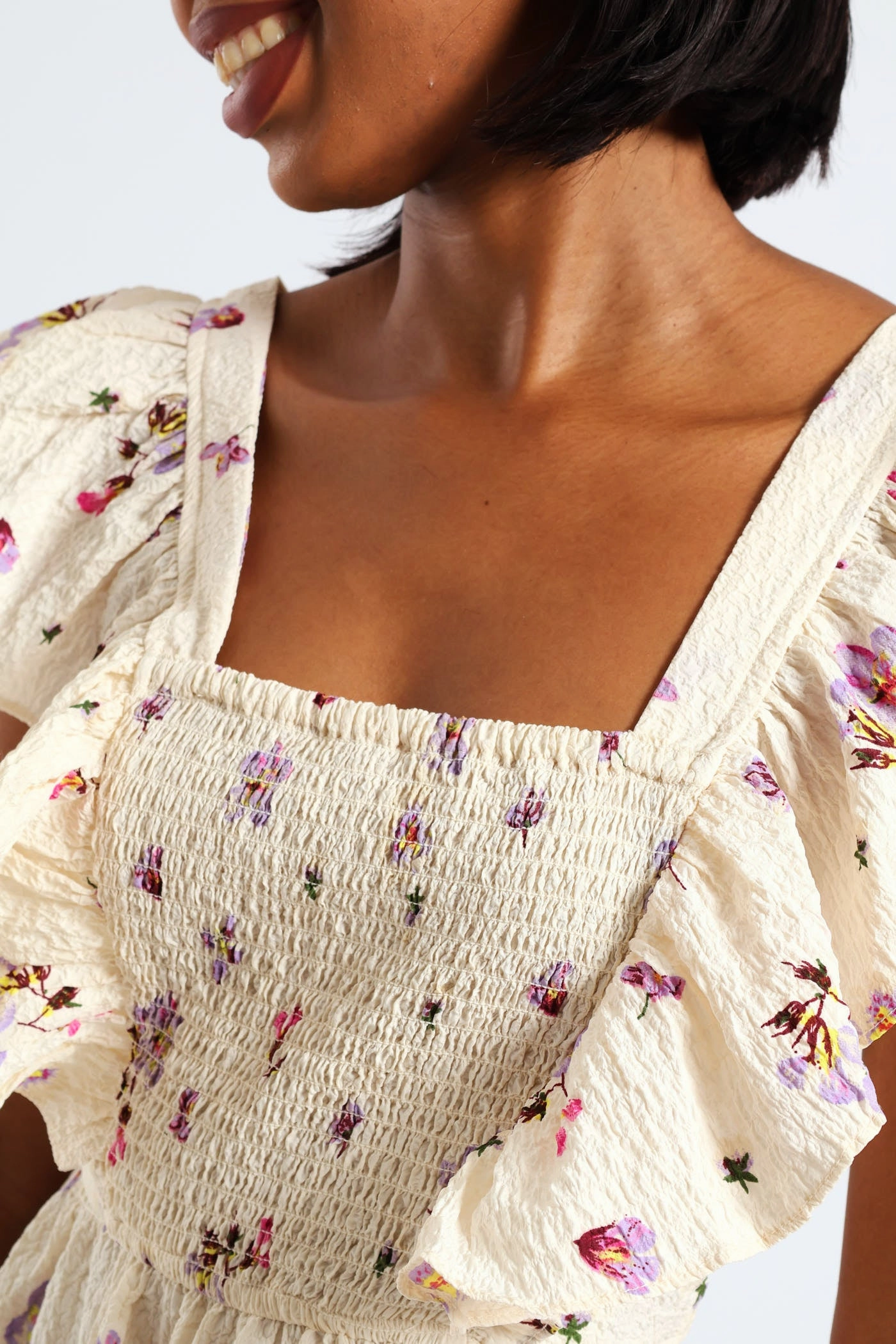 Postcard Frill Smock Mini Dress - Cream Petite friendly Breezy Fit