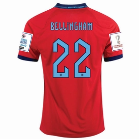 Nike England Jude Bellingham Away Jersey 22/23 w/ World Cup 2022 Patches (Challenge Red/Blue Void) Eco Conscious Manufacturing Street Motion