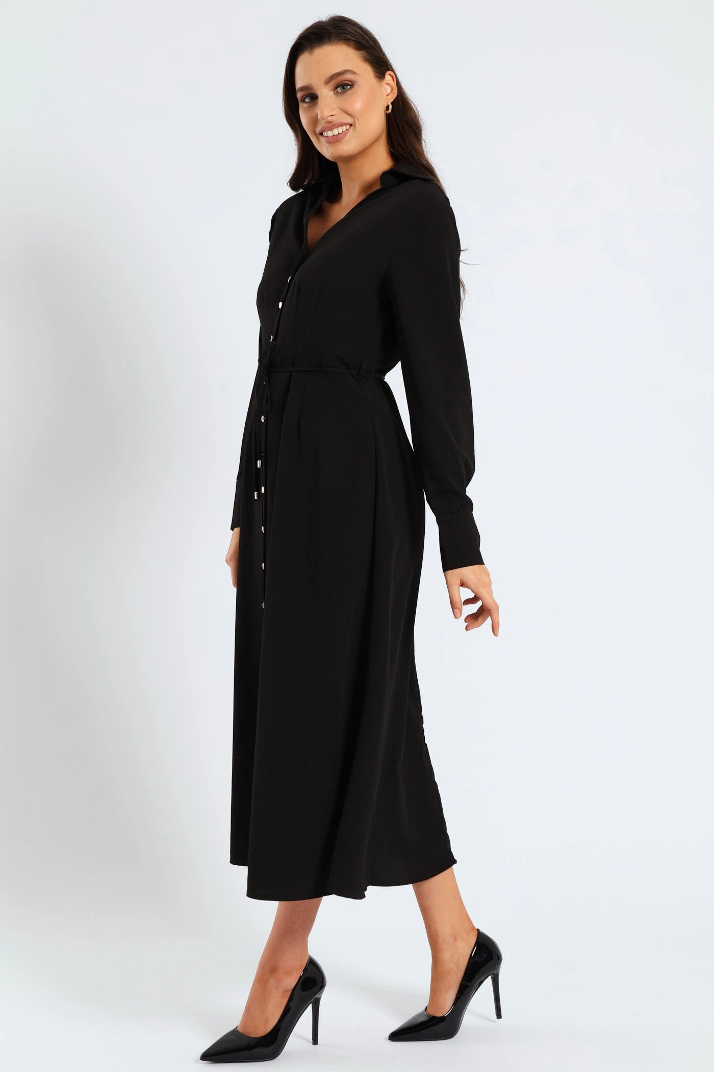 Darted Waisted Midi Shirt Dress - Black Wrap style Chic and Flattering