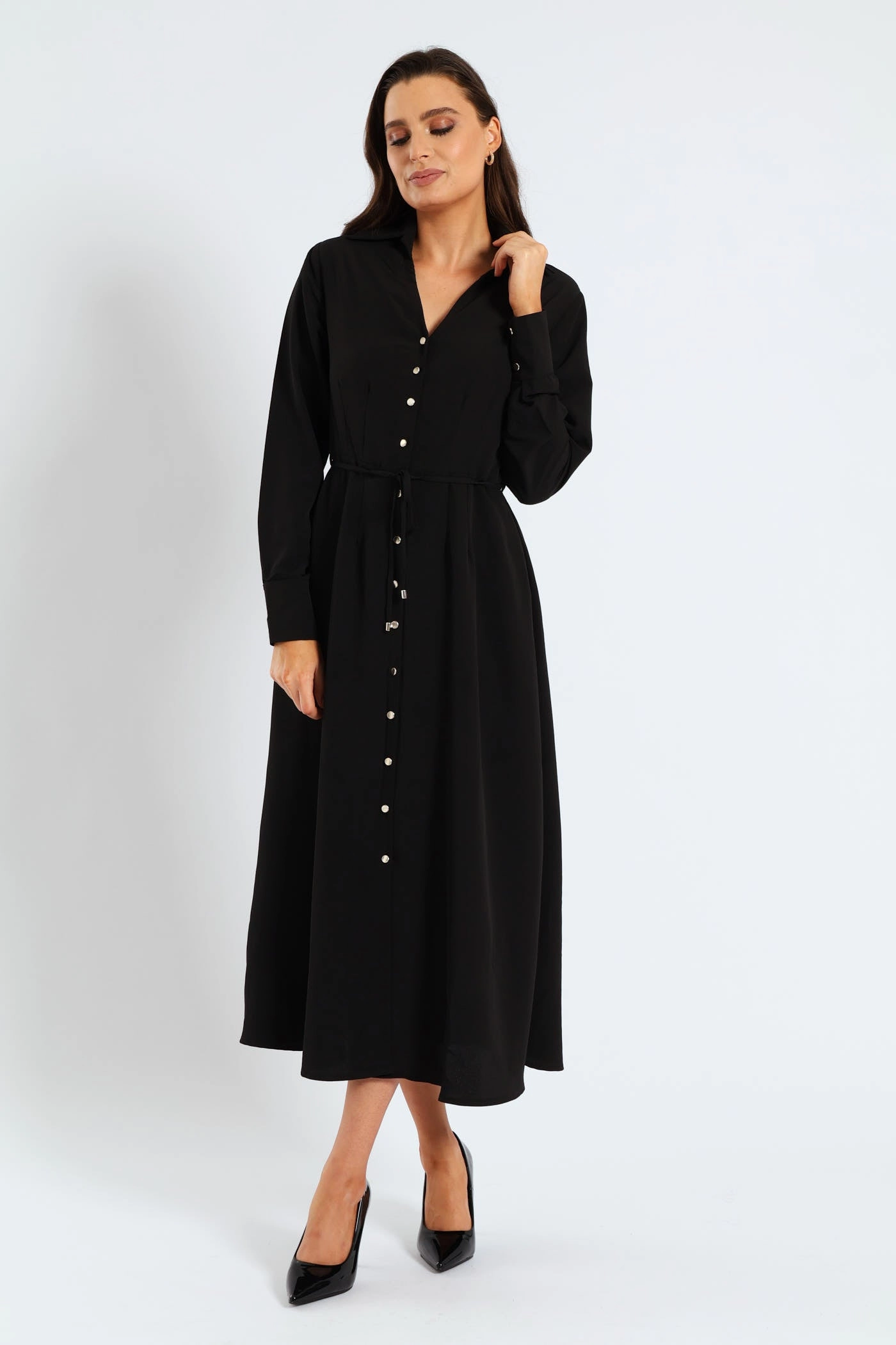 Darted Waisted Midi Shirt Dress - Black Timeless Wearable Gentle Drape