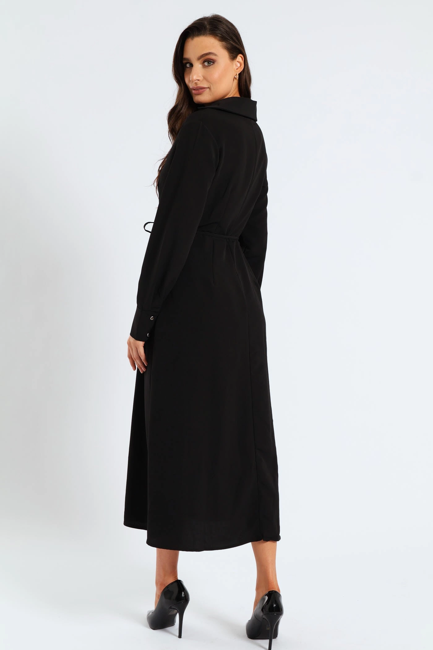 Darted Waisted Midi Shirt Dress - Black Mood Look