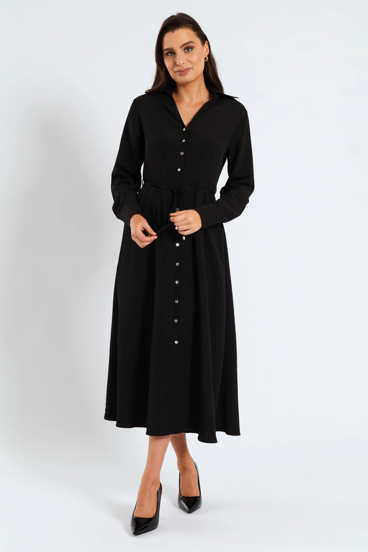 Relaxed Style Wear Darted Waisted Midi Shirt Dress - Black