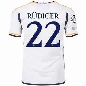 Training Ready Wear Breathable Underarm Gussets adidas Real Madrid Antonio Rudiger Home Jersey w/ Champions League   Club World Cup Patches 23/24 (White)