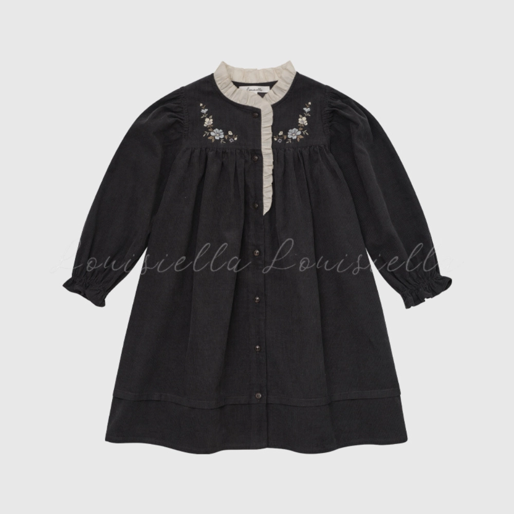 Louisiella Noir Corduroy Dress, Charcoal Silky Shine
