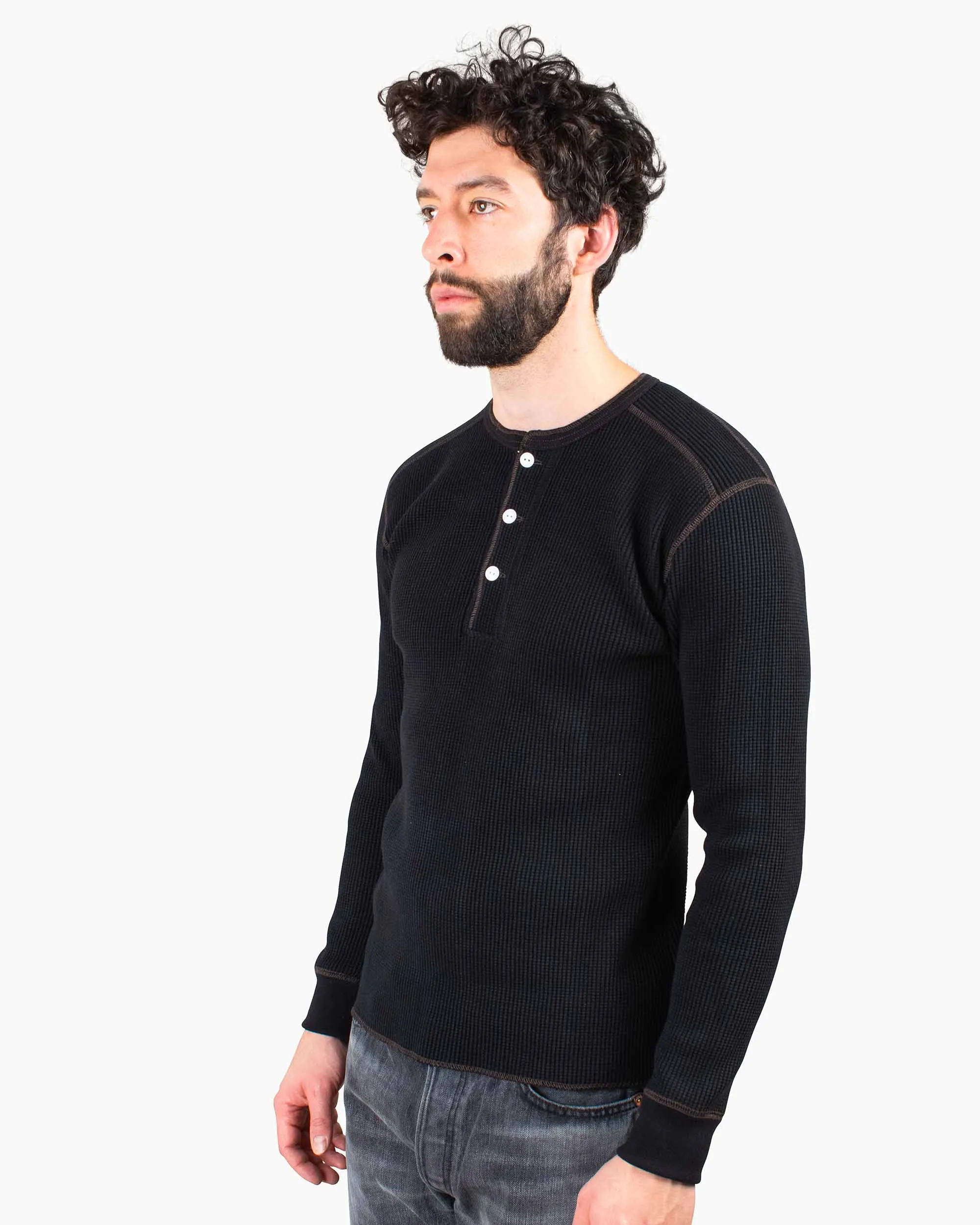 Non Shrink Material The Real McCoy's MC17117 Waffle Henley Shirt L/S Black