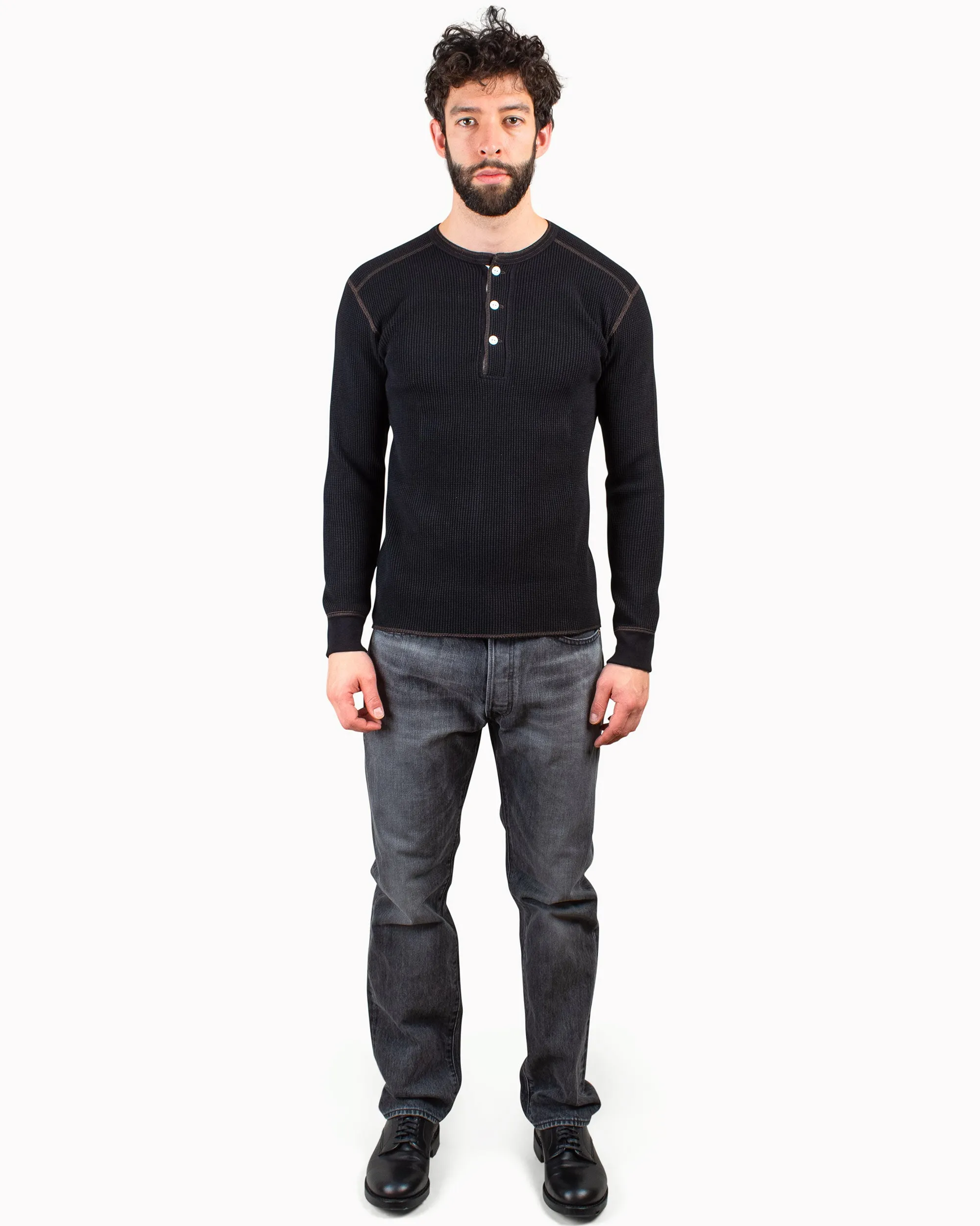 The Real McCoy's MC17117 Waffle Henley Shirt L/S Black Active Comfort Style