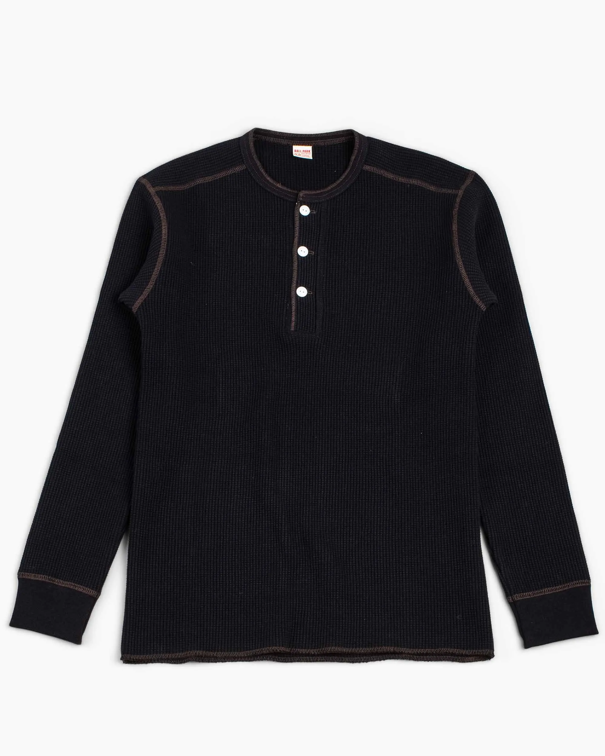 The Real McCoy's MC17117 Waffle Henley Shirt L/S Black slim fit