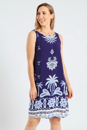 Capsule-Wardrobe Layered-Sleeve Printed Border Shift Dress - Navy/White