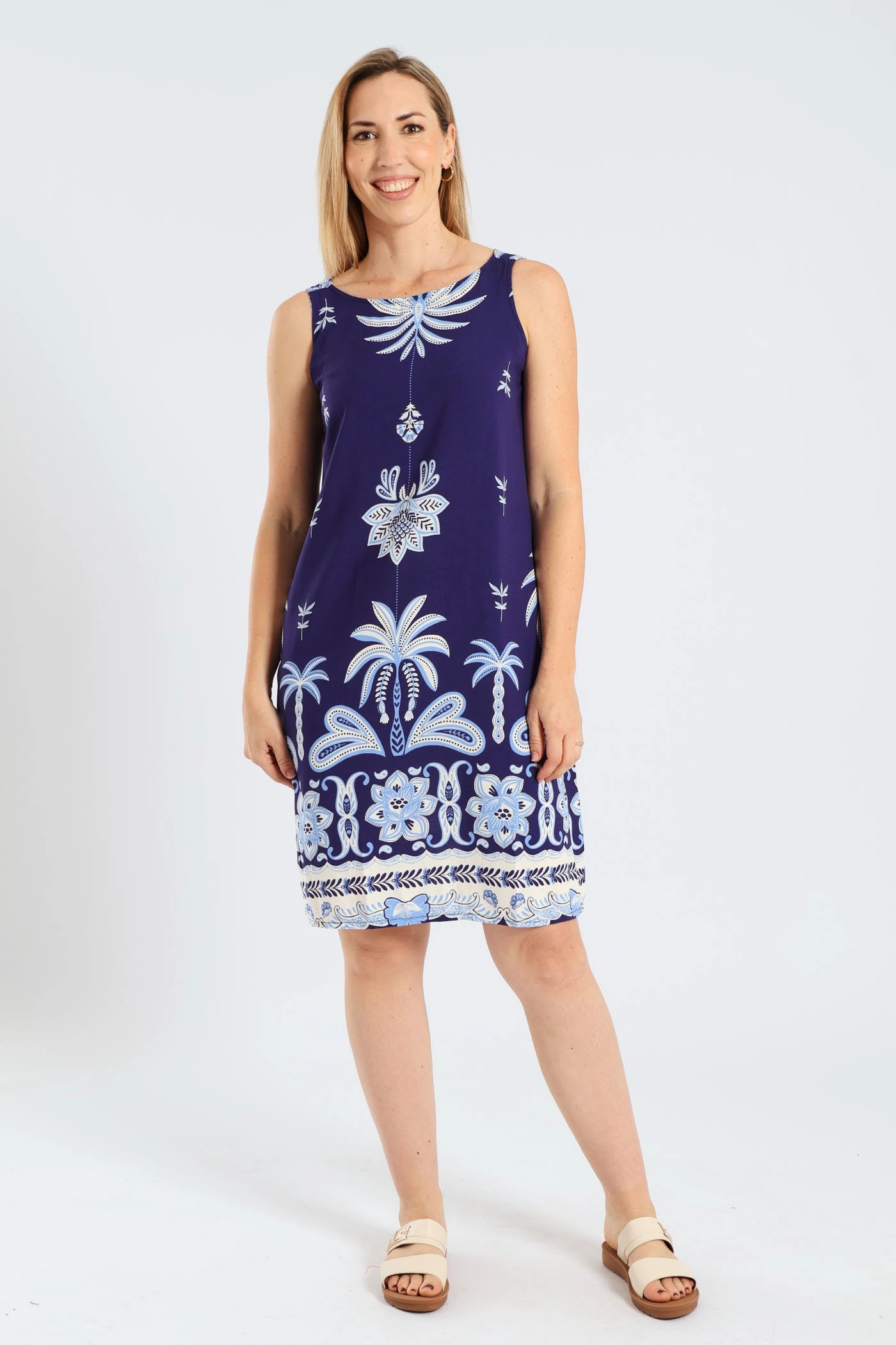 Printed Border Shift Dress - Navy/White Daywear Mood Silky Drape
