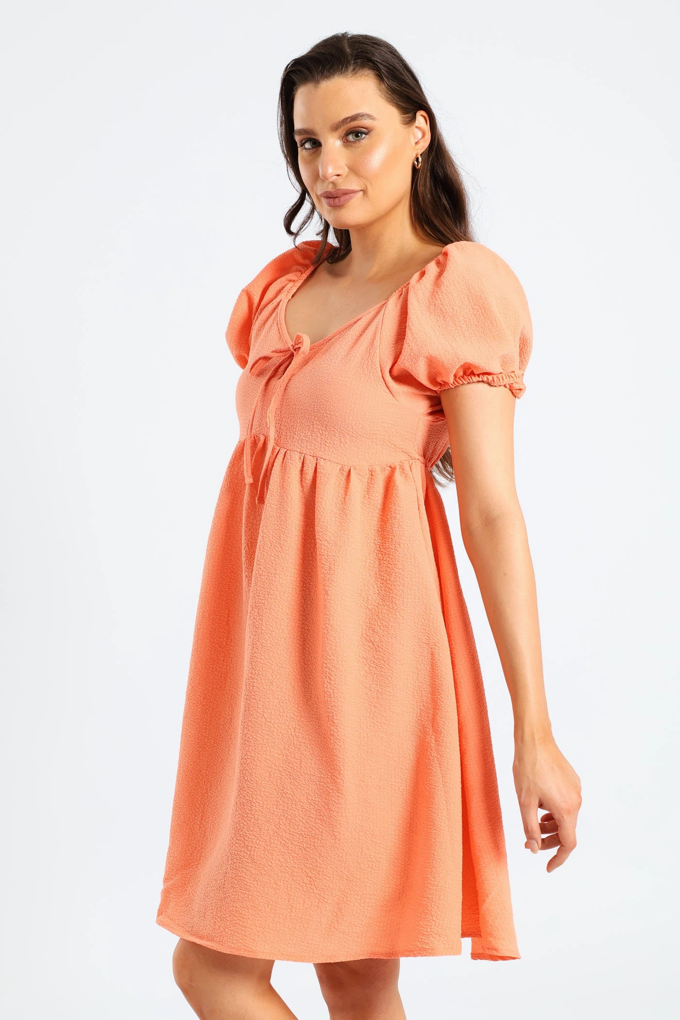 Simple Profile Puff Sleeve Tie-Front Gypsy Mini Dress - Light Coral