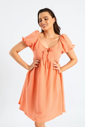 Puff Sleeve Tie-Front Gypsy Mini Dress - Light Coral Sophisticated Elegance