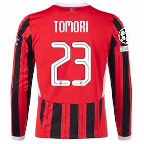 Sweat Wicking Ribbing Outdoor Performance Puma AC Milan Fikayo Tomori Home Long Sleeve Jersey w/ Champions League Patches 24/25 (Red/Black)