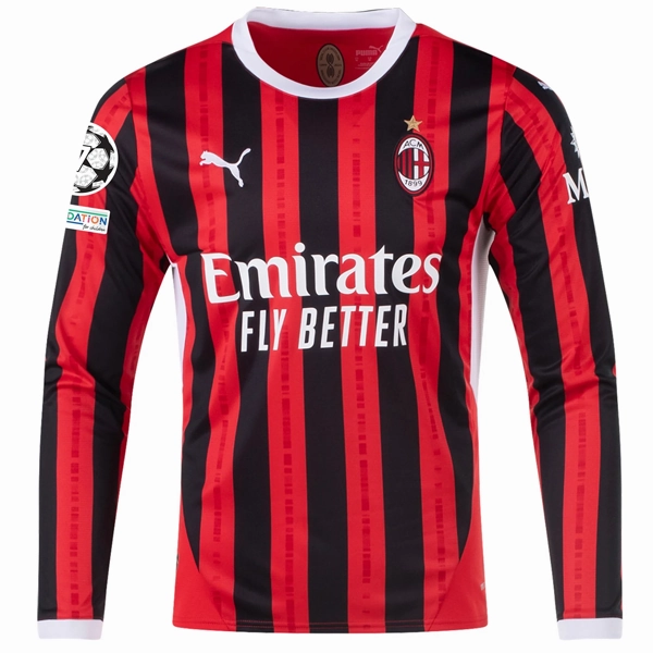 Eco Friendly Dye Process Dynamic Performance Puma AC Milan Fikayo Tomori Home Long Sleeve Jersey w/ Champions League Patches 24/25 (Red/Black)