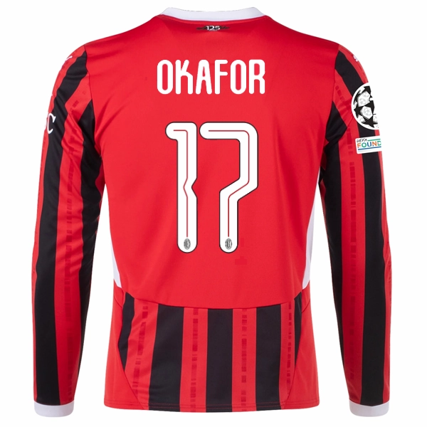 Reinforced Shoulders Oversized Fit Puma AC Milan Noah Okafor Home Long Sleeve Jersey w/ Champions League Patches 24/25 (Red/Black)