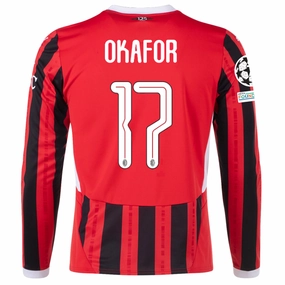 Pre Shrunk Material Ventilation Mesh Design Puma AC Milan Noah Okafor Home Long Sleeve Jersey w/ Champions League Patches 24/25 (Red/Black)