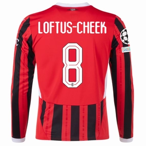 Puma AC Milan Ruben Loftus-Cheek Home Long Sleeve Jersey w/ Champions League Patches 24/25 (Red/Black) Durable Blend Fabric Bold Graphics