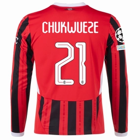 Ultra Soft Texture Puma AC Milan Samuel Chukwueze Home Long Sleeve Jersey w/ Champions League Patches 24/25 (Red/Black)