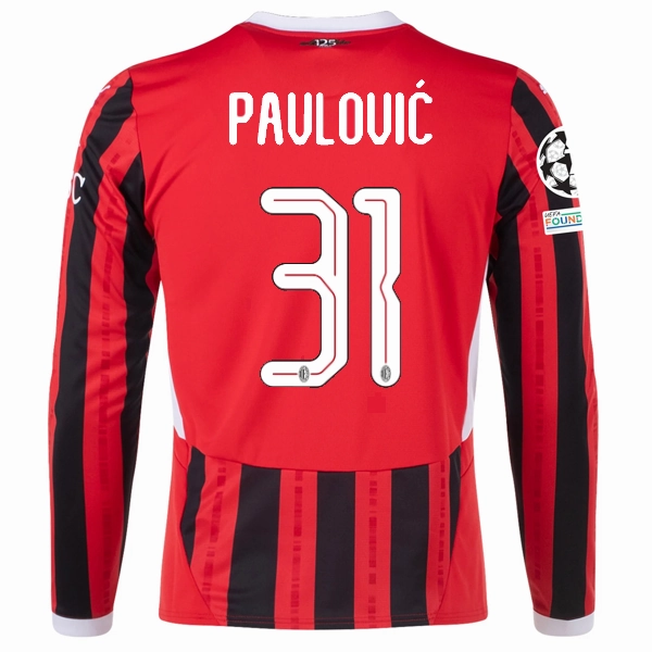 Puma AC Milan Strahinja Pavlovi? Home Long Sleeve Jersey w/ Champions League Patches 24/25 (Red/Black) Four Way Stretch