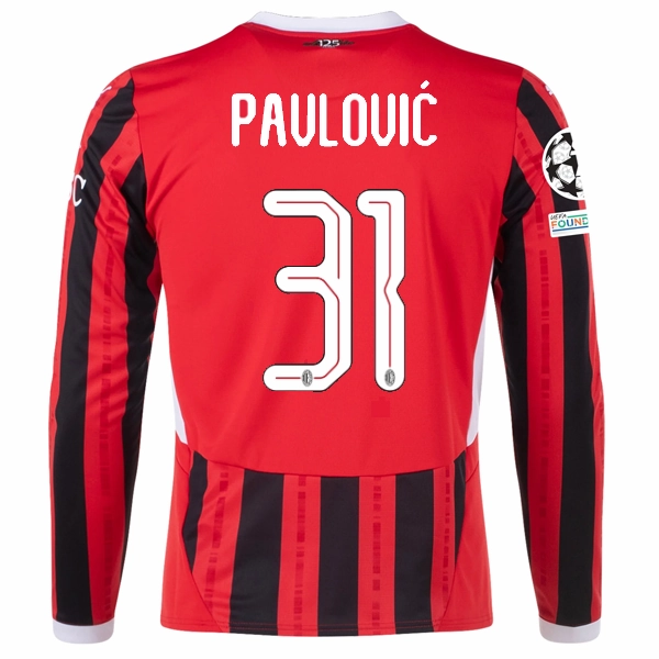 Puma AC Milan Strahinja Pavlovi? Home Long Sleeve Jersey w/ Champions League Patches 24/25 (Red/Black) Odor Resistant Fabric Athletic Silicone Trim