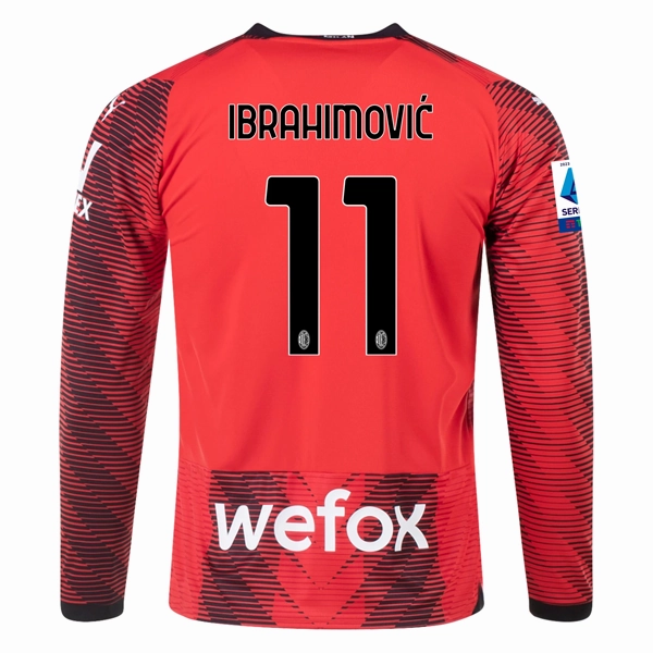 Puma AC Milan ZLATAN IBRAHIMOVI? Long Sleeve Home Jersey w/ Serie A Patch 23/24 (Red/Puma Black) Athletic Collar Style Form Focus