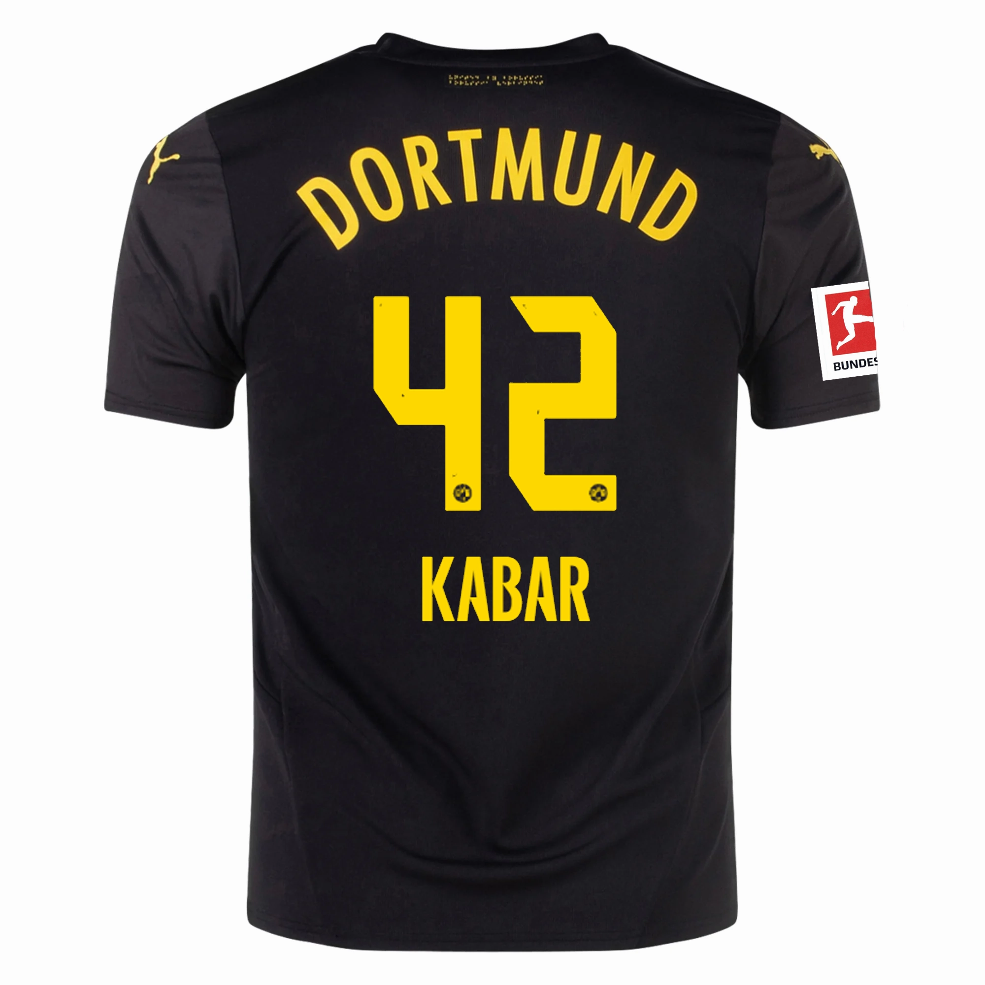 Yarn Dye Effect Non Irritating Fabric Puma Borussia Dortmund Almugera Kabar Away Jersey w/ Bundesliga Patch 24/25 (Puma Black/Faster Yellow)