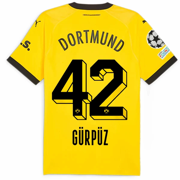 Puma Borussia Dortmund Authentic Gurpuz Home Jersey w/ Champions League Patches 23/24 (Cyber Yellow/Puma Black) Seam Free Underarm Venting Outdoor Activewear