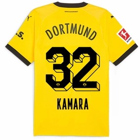 Puma Borussia Dortmund Authentic Kamara Home Jersey w/ Bundesliga Patch 23/24 (Cyber Yellow/Puma Black) Stretch Fit Fabric Raglan sleeves