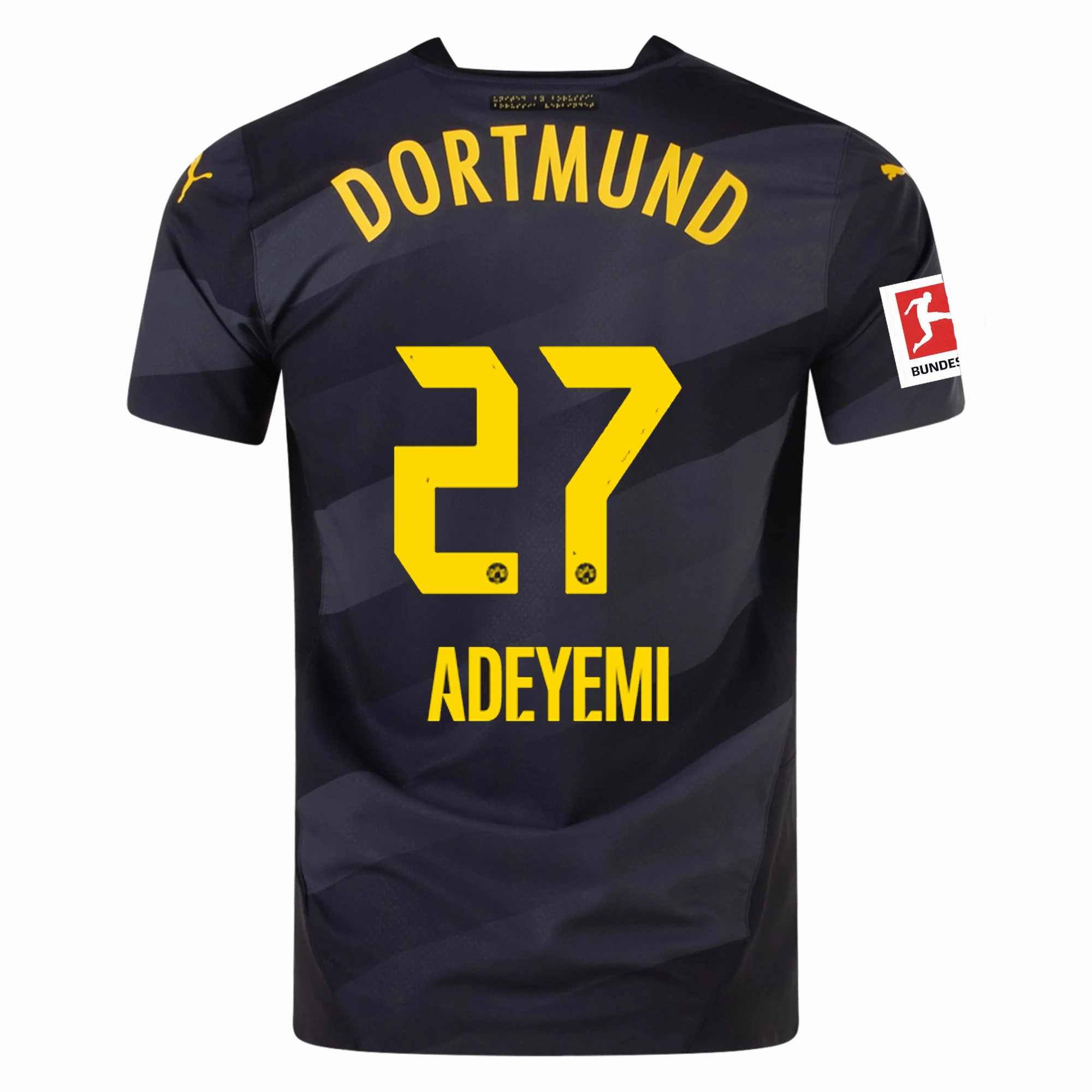 Eco Friendly Fibers Puma Borussia Dortmund Authentic Karim Adeyemi Away Jersey w/ Bundesliga Patch 24/25 (Puma Black/Faster Yellow)