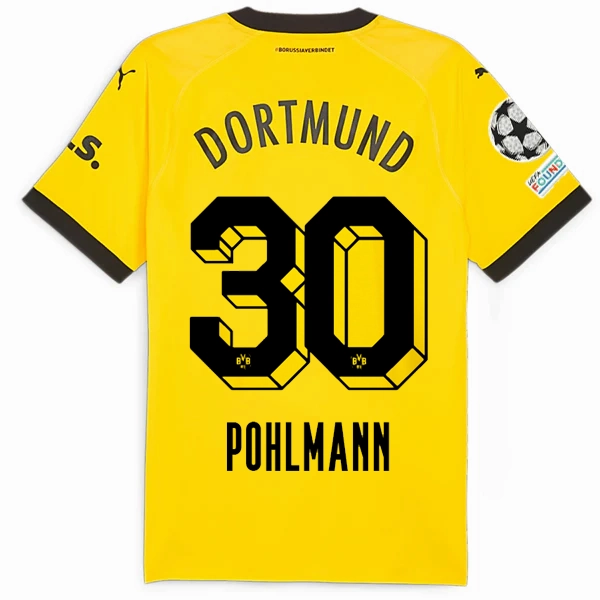 Puma Borussia Dortmund Authentic Pohlmann Home Jersey w/ Champions League Patches 23/24 (Cyber Yellow/Puma Black) Breathable Underarm Gussets Reflective Safety Details