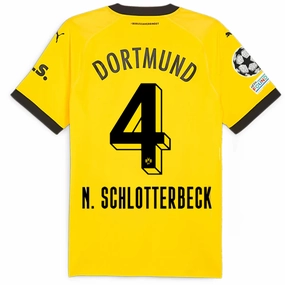 Puma Borussia Dortmund Authentic Schlotterback Home Jersey w/ Champions League Patches 23/24 (Cyber Yellow/Puma Black) All-Purpose Wear Hydrophobic Edge Taping