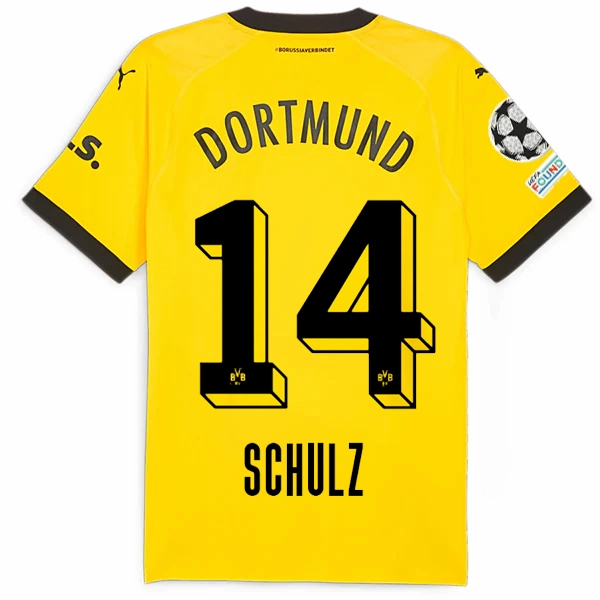 Street Ready Layered Mesh Inserts Puma Borussia Dortmund Authentic Schulz Home Jersey w/ Champions League Patches 23/24 (Cyber Yellow/Puma Black)