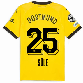 Elasticized Cuffs Moisture Wicking Material Puma Borussia Dortmund Authentic Sule Home Jersey w/ Champions League Patches 23/24 (Cyber Yellow/Puma Black)