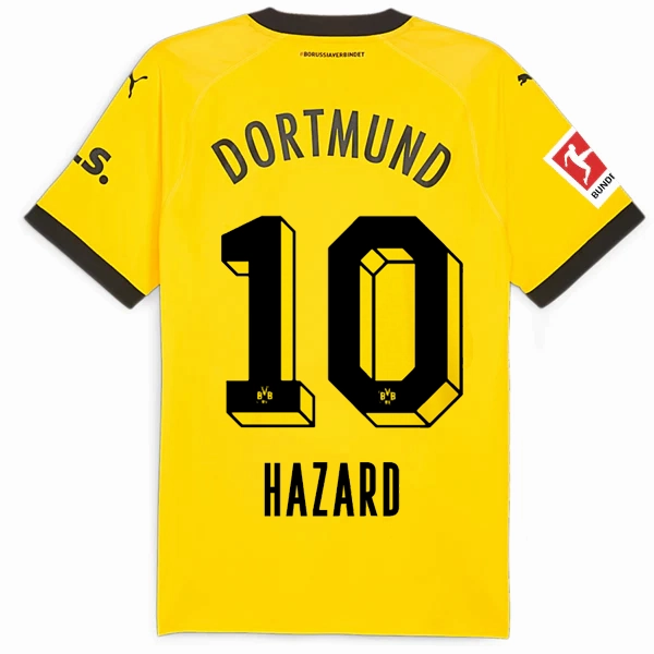 Puma Borussia Dortmund Authentic Thorgan Hazard Home Jersey w/ Bundesliga Patch 23/24 (Cyber Yellow/Puma Black) Movement Support Odor Control Yarn