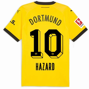 Puma Borussia Dortmund Authentic Thorgan Hazard Home Jersey w/ Bundesliga Patch 23/24 (Cyber Yellow/Puma Black) Movement Support Odor Control Yarn