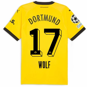 Fade Resistant Dyeing Puma Borussia Dortmund Authentic Wolf Home Jersey w/ Champions League Patches 23/24 (Cyber Yellow/Puma Black)