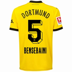 Puma Borussia Dortmund Bensebaini Home Jersey w/ Bundesliga Patch 23/24 (Cyber Yellow/Puma Black) Hybrid Fabric Blends