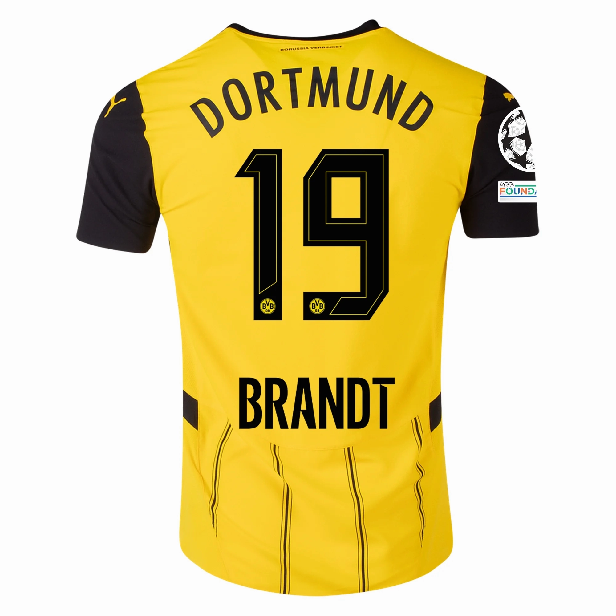 Puma Borussia Dortmund Julian Brandt Home Jersey w/ Champions League Patches 24/25 (Faster Yellow/Puma Black) Relaxed Performance Tear Resistant Fabric