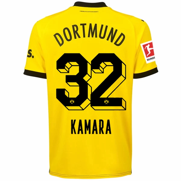 Puma Borussia Dortmund Kamara Home Jersey w/ Bundesliga Patch 23/24 (Cyber Yellow/Puma Black) Athletic Ribbed Cuffs